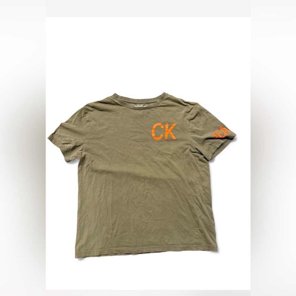 Calvin Klein Khaki T-Shirt with Vibrant Orange Accents. Size medium